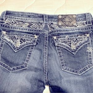 Miss Me Mid-Rise Skinny Jeans with bling & embroidery, zipper fly, button close